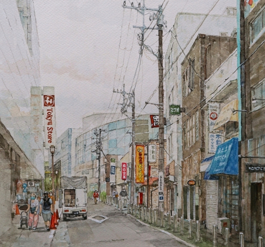6+others box_truck building kfc lamppost motor_vehicle multiple_others original painting_(medium) power_lines restaurant scenery shiki4winter shop sign sliding_doors traditional_media traffic_cone truck utility_pole watercolor_(medium) window