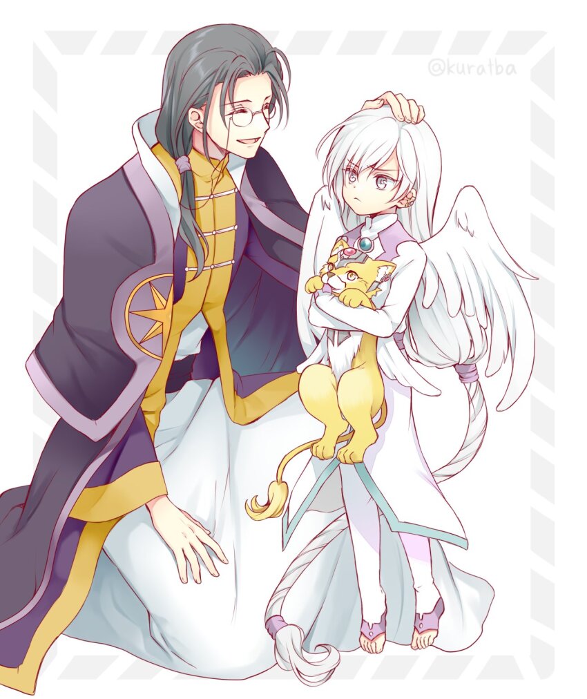 2boys :&lt; :d ^_^ aged_down angel_wings animal black_hair black_sash cape cardcaptor_sakura child chinese_clothes closed_eyes closed_mouth clow_reed earclip eyewear_strap feathered_wings floating frown full_body glasses grey_eyes hair_over_shoulder hair_pulled_back headpat highres holding holding_animal jacket kerberos kero_(cardcaptor_sakura) kurabayashi lion_cub long_hair long_sleeves looking_at_another low-tied_long_hair low_ponytail male_focus multiple_boys on_one_knee open_mouth ponytail purple_cape purple_jacket robe sash smile swept_bangs tangzhuang toeless_legwear very_long_hair white_background white_hair white_robe white_wings winged_animal wings yue_(cardcaptor_sakura)