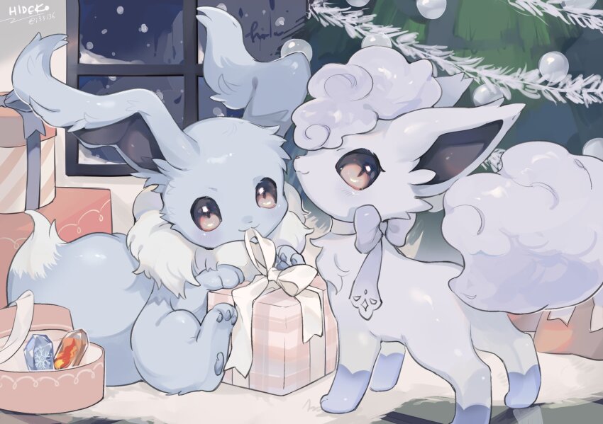 :3 alolan_form alolan_vulpix alternate_color blue_bow bow bowtie brown_eyes christmas christmas_ornaments christmas_tree commentary creatures_(company) eevee evolution_stone evolutionary_stone fire_stone floor fur_rug game_freak gen_1_pokemon gen_7_pokemon gift hideko_(l33l3b) highres ice_stone indoors looking_back mouth_hold night nintendo on_floor pokemon pokemon_(creature) ribbon ribbon_in_mouth rug shiny_pokemon signature sitting smile snow snowing standing symbol-only_commentary tinsel tree twitter_username vulpix white_fur white_ribbon window
