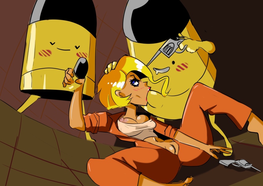 1girl 2boys at_gunpoint blonde_hair blue_eyes breasts bullet_kin enter_the_gungeon fellatio gun handjob holding jumpsuit lying medium_breasts multiple_boys nipple_slip nipples on_back open_jumpsuit oral orange_jumpsuit standing the_convict_(enter_the_gungeon) weapon
