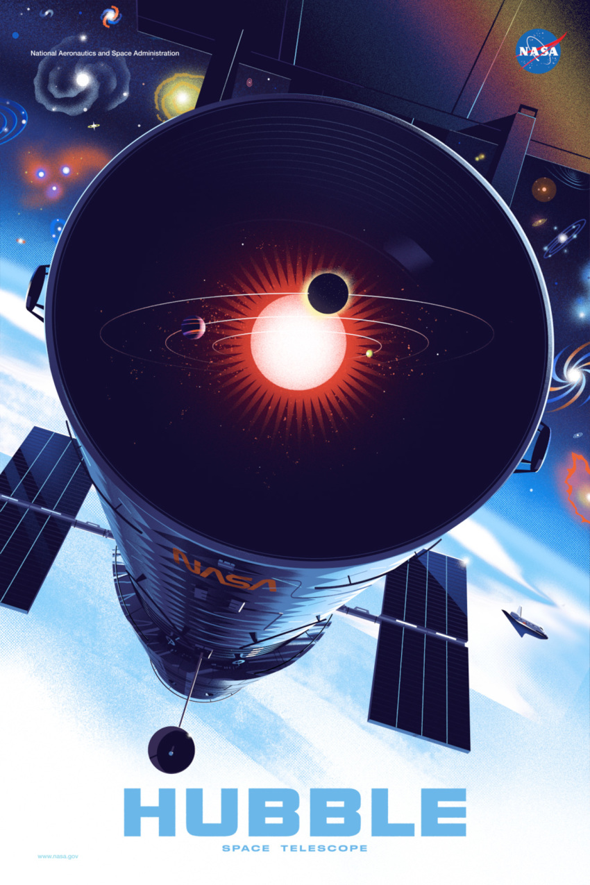 antennae cloud cloudy_sky earth_(planet) galaxy highres hubble_space_telescope logo mercury_(planet) nasa nasa_logo no_humans orbit planet poster_(medium) real_life satellite sky solar_panel solar_system space space_shuttle spacecraft sun telescope title venus_(planet) watermark web_address