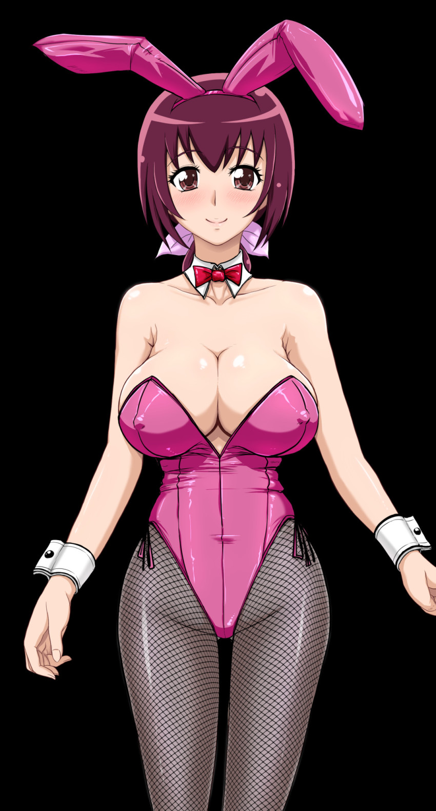 1girl animal_ears bare_shoulders black_background blush bow bowtie breasts cleavage covered_erect_nipples cowboy_shot fake_animal_ears female_focus fishnet_legwear fishnets groin highres hoshizora_ikuyo large_breasts legs leotard long_hair looking_at_viewer mature_female playboy_bunny ponytail precure purple_hair rabbit_ears red_eyes simple_background smile_precure! solo standing t-aoba thighs wrist_cuffs