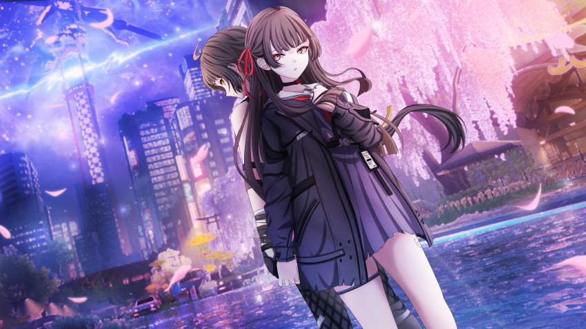 2girls absurdres asutokun_th back-to-back black_choker black_hair black_jacket black_serafuku black_shirt black_skirt chisa_(wuthering_waves) choker commentary english_commentary female_rover_(wuthering_waves) hair_ribbon hand_on_own_chest hand_up highres jacket long_hair long_sleeves multiple_girls outdoors parted_lips pink_petals red_eyes red_ribbon revision ribbon rover_(wuthering_waves) sailor_collar school_uniform serafuku shirt skirt thigh_strap thighs white_sailor_collar wuthering_waves yellow_eyes