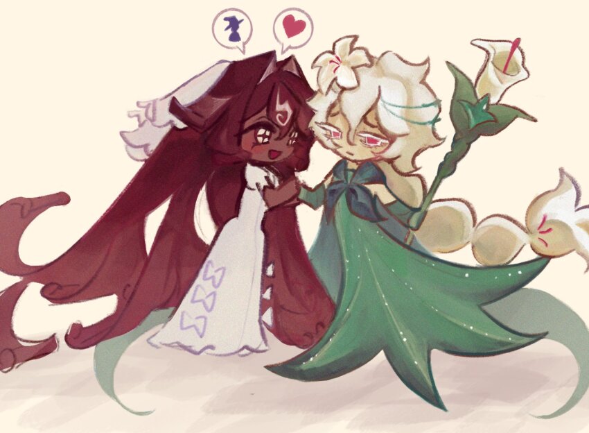 black_forest_cookie bridal_veil closed_mouth cookie_run cookie_run:_kingdom dress hair_intakes interludengrvd long_hair pink_eyes puffy_short_sleeves puffy_sleeves short_sleeves simple_background sparkling_eyes speech_bubble veil very_long_hair wedding_dress white_background white_dress white_eyes white_hair white_lily_cookie white_veil