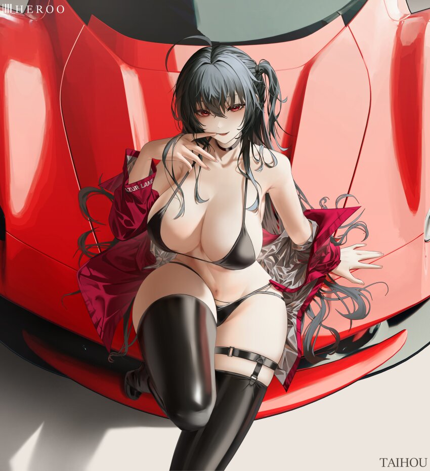 1girl absurdres ahoge arm_behind_back arm_up artist_name azur_lane bare_shoulders bikini black_bikini black_choker black_hair black_thighhighs boots breasts car character_name choker cleavage clothes_pull collarbone commentary english_commentary feet_out_of_frame ferrari ferrari_laferrari high_heel_boots high_heels highres jacket jacket_pull large_breasts leaning_back light_blush lips long_hair long_sleeves looking_at_viewer louu_heroo motor_vehicle official_alternate_costume on_car open_clothes open_jacket open_mouth parted_lips race_queen red_car red_eyes red_jacket side_ponytail sidelocks simple_background sitting sitting_on_object solo swimsuit taihou_(azur_lane) taihou_(enraptured_companion)_(azur_lane) thigh_boots thighhighs thighs
