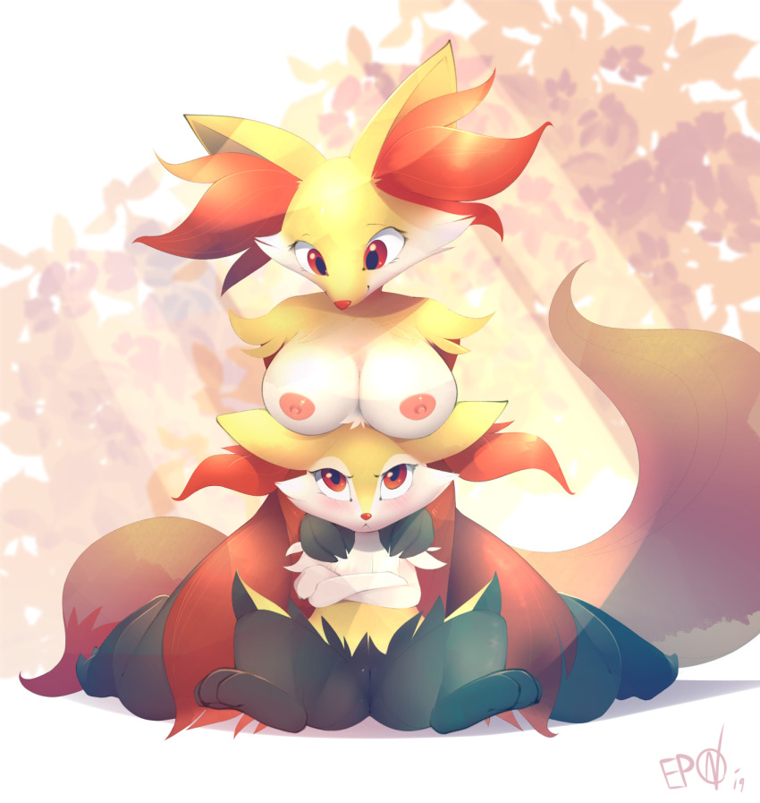 2girls :&lt; animal_ear_fluff animal_ears animal_feet animal_hands animal_nose annoyed artist_name b-epon black_fur blush braixen breast_envy breast_rest breasts breasts_on_head cleft_of_venus closed_mouth crossed_arms dated delphox eye_contact feet female_focus flat_chest fox_ears fox_tail furry furry_female furry_with_furry gen_6_pokemon hands_on_another&#039;s_shoulders happy highres kneeling large_breasts looking_at_another looking_down looking_up multicolored_fur multiple_girls neck_fur nintendo nipples pokemon pokemon_(creature) pussy red_eyes red_fur shiny_skin signature smile snout spread_legs tail uncensored white_fur yellow_fur yuri
