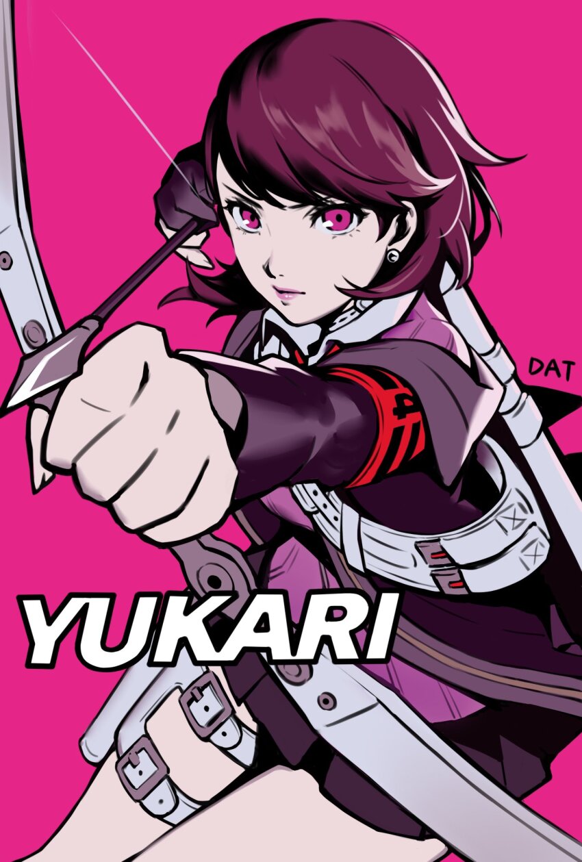 1girl aiming aiming_at_viewer archery_shooting_glove armband arrow_(projectile) artist_name belt_buckle black_gloves black_jacket black_skirt bow bow_(weapon) bowtie brown_hair buckle cardigan character_name choker closed_mouth collared_shirt commentary cowboy_shot da-cart earrings fighting_stance gekkoukan_high_school_uniform gloves highres holding holding_arrow holding_bow_(weapon) holding_weapon holster jacket jewelry lips long_sleeves looking_at_viewer miniskirt open_clothes open_jacket outstretched_arm partially_fingerless_gloves pearl_earrings persona persona_3 persona_3_reload pink_background pink_cardigan pink_eyes pink_lips pink_theme pleated_skirt quiver red_armband red_bow red_bowtie ribbed_cardigan s.e.e.s school_uniform shirt short_hair single_glove skirt solo stud_earrings swept_bangs takeba_yukari thigh_holster weapon white_choker white_shirt