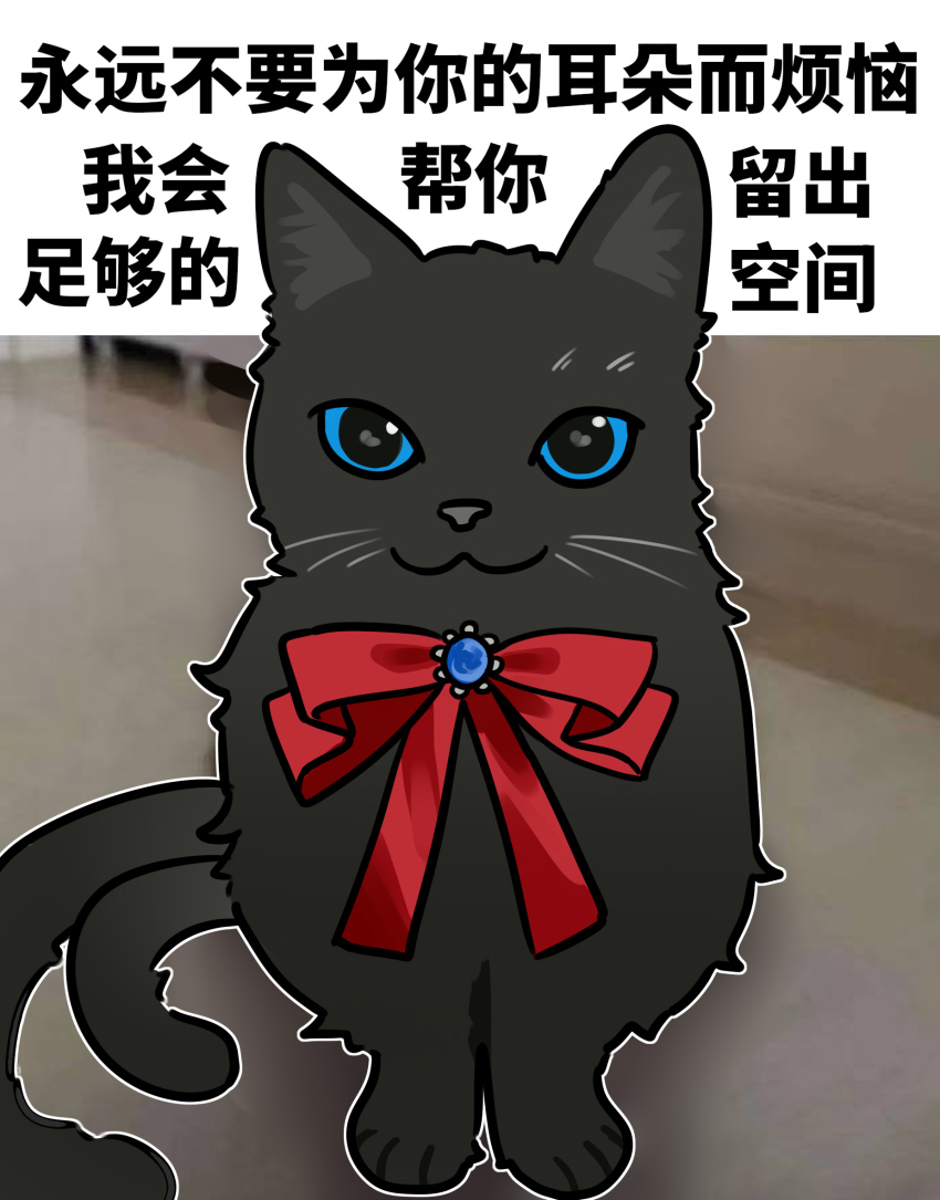 1girl :3 arknights black_eyes black_fur blue_sclera caption cat chinese_text miss_christine_(arknights) closed_mouth colored_sclera get_them_bigass_ears_out_of_the_caption_(meme) highres looking_at_viewer meme multiple_tails neck_ribbon no_humans outline parody photo-referenced red_ribbon ribbon smile solo tail translation_request two_tails white_outline wwfo_2