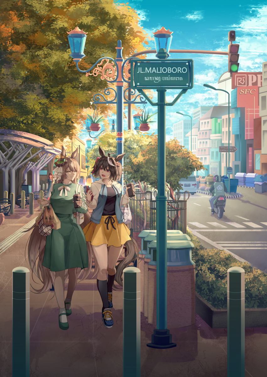 2girls absurdres animal_ears black_hair black_shirt blue_jacket brown_hair closed_eyes closed_mouth commentary cup disposable_cup dress gojek green_dress highres horse_ears horse_girl horse_tail jacket kitasan_black_(umamusume) long_hair long_sleeves looking_at_another midorin_567 multicolored_hair multiple_girls open_mouth outdoors people satono_diamond_(umamusume) shirt short_hair sidewalk skirt smile standing streaked_hair tail traffic_light tree umamusume walking white_streaks yellow_skirt