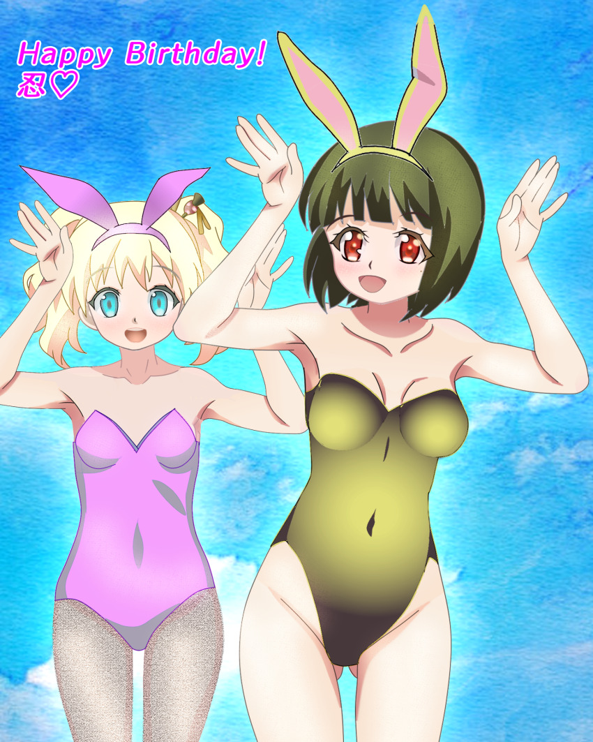 2girls alice_cartelet blonde_hair breasts cleavage green_hair green_leotard highres kin-iro_mosaic leotard multiple_girls oomiya_shinobu pink_leotard playboy_bunny