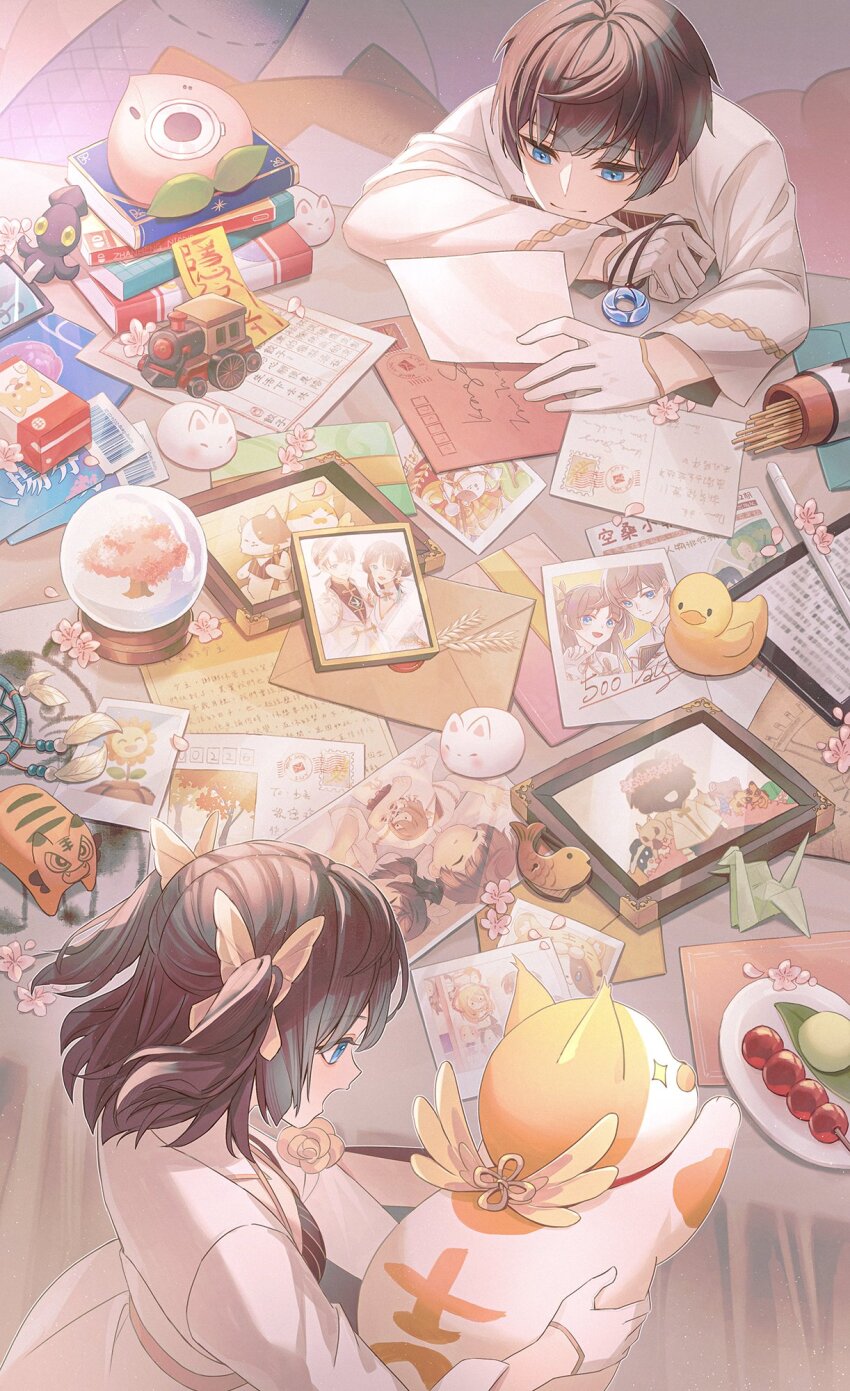 +_+ 1boy 1girl aki05006 animal arm_on_table black_dress black_hair blue_eyes book book_stack butterfly_hair_ornament camera cat cherry_blossoms closed_mouth dreamcatcher dress envelope female_master_(the_tale_of_food) flower food gloves hair_between_eyes hair_ornament head_on_table highres holding holding_animal holding_cat holding_jewelry holding_necklace holding_photo incense jacket jade_(gemstone) jewelry letter lock long_sleeves looking_at_animal looking_at_object lu_wu_(the_tale_of_food) male_master_(the_tale_of_food) medium_hair milk_carton mochi necklace open_mouth origami painting_(object) paper paper_crane pendant petals photo_(object) picture_frame pink_flower pinstripe_dress pinstripe_pattern plate poster_(object) rubber_duck short_hair smile snow_globe stuffed_animal stuffed_cat stuffed_fish stuffed_squid stuffed_tiger stuffed_toy table tablecloth talisman tanghulu the_tale_of_food themed_object ticket toy_train two_side_up unworn_jewelry unworn_necklace upper_body wax_seal white_gloves white_jacket wispy_bangs