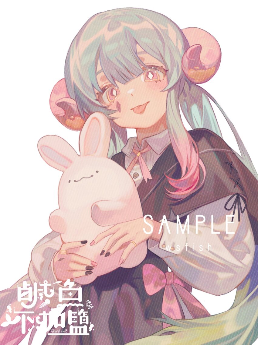 +_+ 1girl aqua_hair black_capelet black_nails black_ribbon black_skirt blunt_bangs bow bow_skirt bright_pupils buttons capelet collared_capelet collared_shirt commission cowboy_shot cross-laced_capelet cross-laced_clothes curled_horns diamond-shaped_pupils diamond_(shape) diamond_facial_mark dot_nose eyelashes facial_mark goat_horns gradient_hair green_hair hair_between_eyes happy high-waist_skirt highres holding holding_stuffed_toy horns light_blush long_hair long_sleeves marking_on_cheek multicolored_hair multicolored_nails nail_polish neck_ribbon original pink_bow pink_eyes pink_hair pink_horns pink_nails pink_ribbon pleated_skirt puffy_long_sleeves puffy_sleeves ribbon sample_watermark shirt sidelocks simple_background skirt solo stuffed_animal stuffed_rabbit stuffed_toy symbol-shaped_pupils tareme tongue very_long_hair watermark white_background white_pupils white_shirt wsfish8