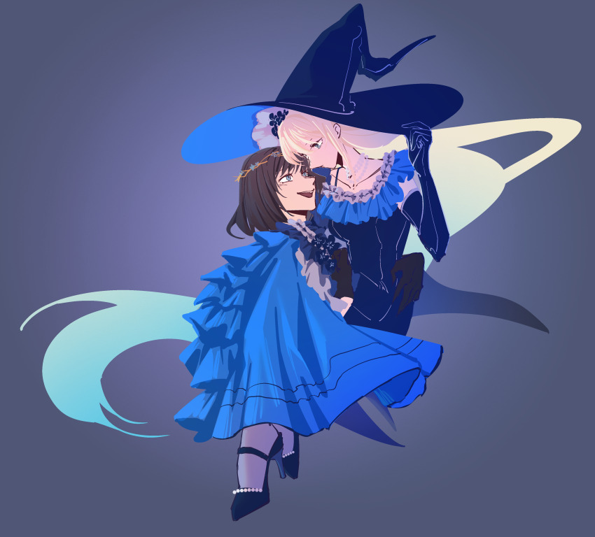 1boy 1girl absurdres artist_request black_gloves black_hair blue_dress blue_eyes commission dress elbow_gloves fate/grand_order fate_(series) gloves hair_between_eyes hat highres jewelry long_hair morgan_le_fay_(fate) necklace oberon_(fate) oberon_(third_ascension)_(fate) open_mouth second-party_source short_hair smile white_hair witch_hat