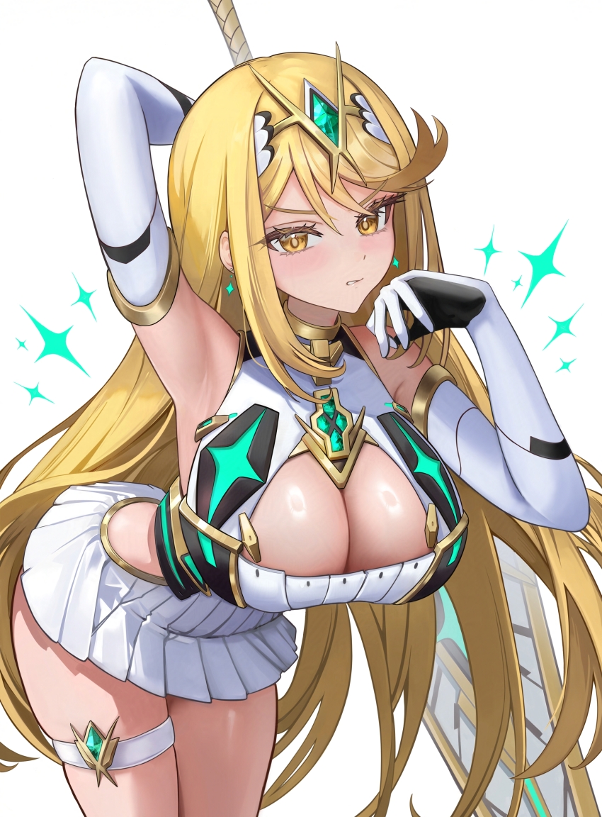 1girl absurdres adversarial_noise aegis_sword_(xenoblade) armpits bent_over blonde_hair breasts chest_jewel cleavage cleavage_cutout clothing_cutout commentary core_crystal_(xenoblade) cowboy_shot dress elbow_gloves gloves highres holding holding_sword holding_weapon jyn_jyn large_breasts long_hair mythra_(xenoblade) simple_background solo sword tiara weapon white_background white_dress white_gloves xenoblade_chronicles_(series) xenoblade_chronicles_2 yellow_eyes