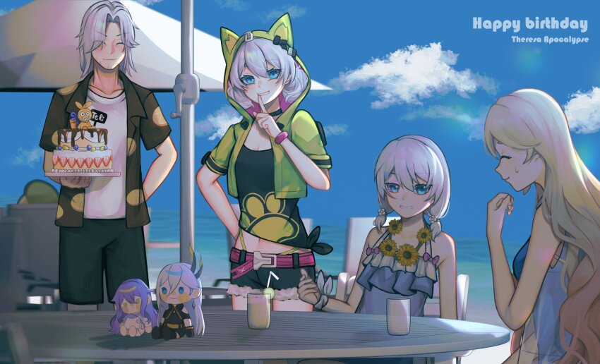 1boy 3girls absurdres ahoge animal_ears beach_umbrella belt durandal_(honkai_impact) birthday_cake black_shirt black_shorts blonde_hair blue_eyes blue_sky cake cat_ears cecilia_schariac character_name closed_eyes closed_mouth cloud cloudy_sky commentary cup doll drinking_straw durandal_(valkyrie_gloria)_(honkai_impact) english_commentary english_text fake_animal_ears flower food green_jacket happy_birthday highres homu_(honkai_impact) honkai_(series) honkai_impact_3rd jacket kiana_kaslana kiana_kaslana_(knight_moonbeam) misapit multiple_girls shirt short_sleeves shorts siegfried_kaslana sirin sky sleeveless summer sunflower table theresa_apocalypse theresa_apocalypse_(valkyrie_pledge) umbrella white_hair white_shirt