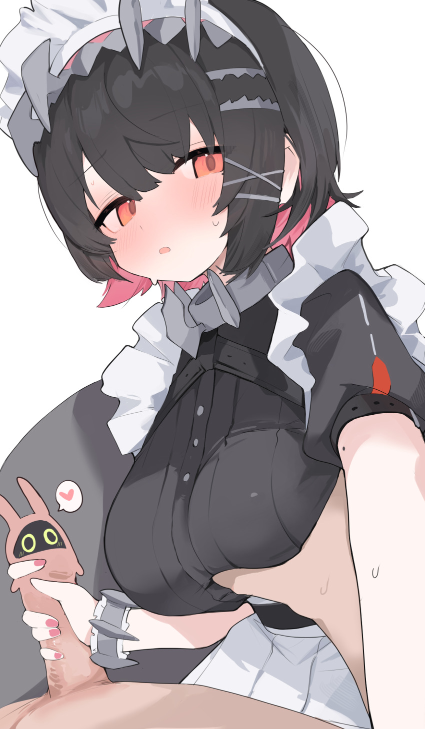 1boy 1girl bangboo_(zenless_zone_zero) breasts ellen_joe grabbing_another&#039;s_breast groping handjob highres large_breasts looking_at_viewer maid mikozin mole mole_under_eye multicolored_hair nail_polish penis red_eyes red_hair short_hair two-tone_hair zenless_zone_zero