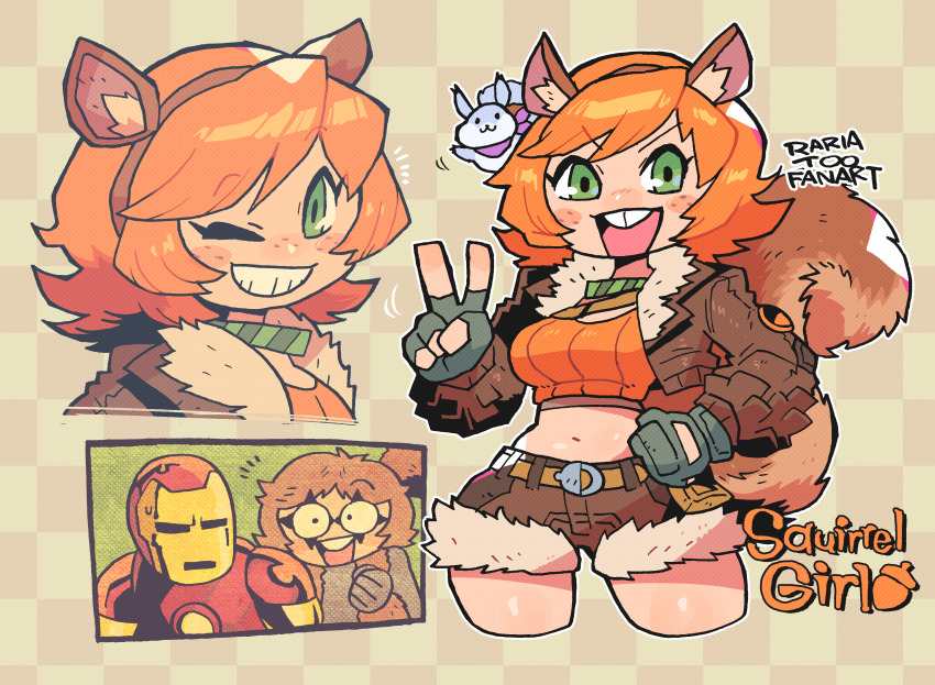 1boy 1girl absurdres acorn animal_ears arc_reactor armor avengers_(series) breasts brown_hair brown_jacket brown_tail buck_teeth crop_top freckles freckles_on_breasts gloves green_eyes highres iron_man iron_man_(series) jacket large_breasts large_tail looking_at_viewer marvel marvel_rivals navel orange_hair power_armor rariatto_(ganguri) short_hair shorts squirrel squirrel_ears squirrel_girl squirrel_girl_(marvel) squirrel_tail superhero_costume tail teeth thigh_freckles thighs tippy-toe