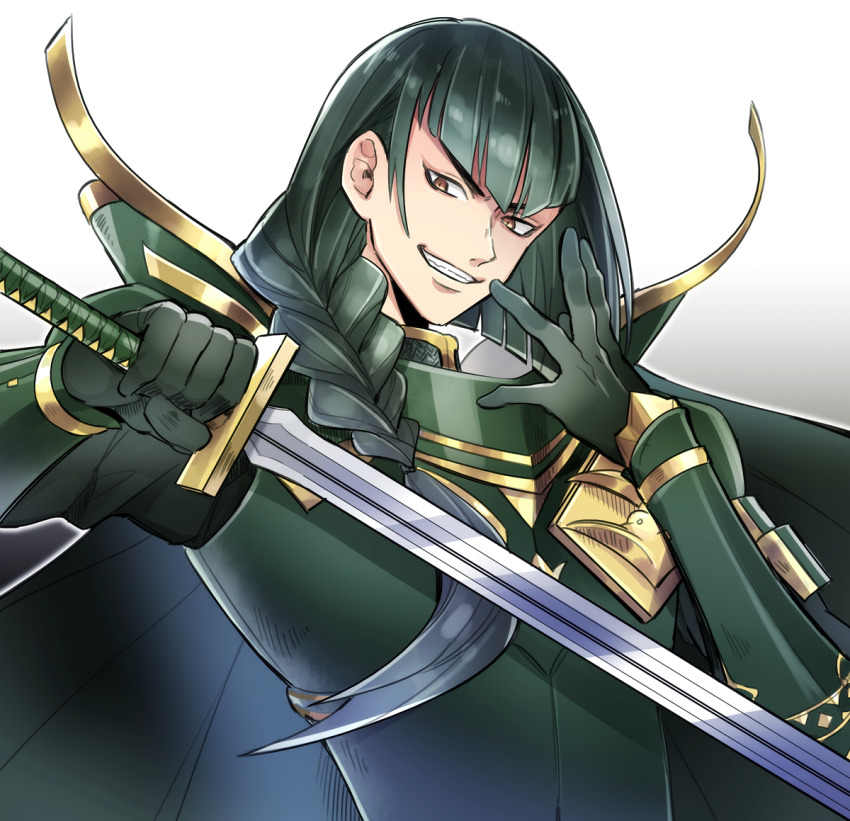 1boy armor braid brown_eyes evil_grin evil_smile furrowed_brow gloves green_gloves green_hair grin hair_over_shoulder holding holding_sword holding_weapon kaiou_shibata_katsuie_(sengoku_basara) katana kkkaaaayyy long_hair looking_at_viewer male_focus sengoku_basara shibata_katsuie_(sengoku_basara) side_braid simple_background smile sword upper_body v-shaped_eyebrows weapon white_background