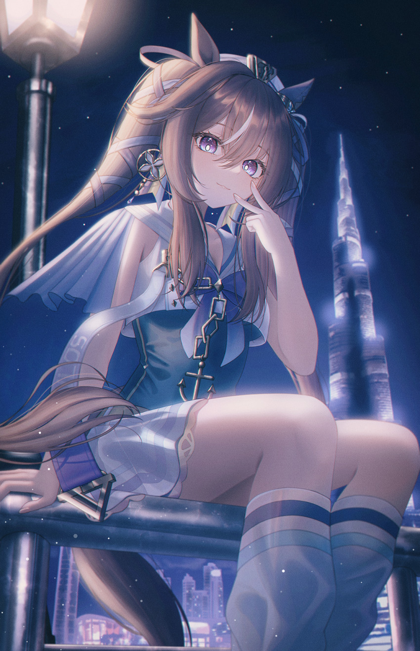 1girl :3 anchor_necklace animal_ears blue_ribbon blush breasts brown_hair burj_khalifa capelet character_name city cityscape dubai ear_covers earrings floating_earring hair_between_eyes hair_ribbon hand_on_railing hat highres horse_ears horse_girl horse_tail jewelry lamppost leotard long_hair looking_at_viewer loose_socks mole mole_under_eye multicolored_hair necklace night night_sky on_railing purple_eyes railing rang_c ribbon sailor_collar sailor_shirt shirt sidelocks single_ear_cover single_earring sitting skirt sky sleeveless sleeveless_shirt smile socks solo star_(sky) streaked_hair tail twintails umamusume v vivlos_(umamusume)