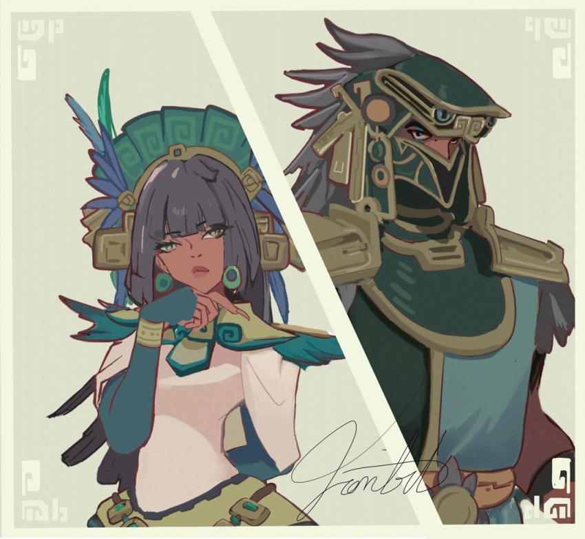 1boy 1girl armor aztec black_hair dark-skinned_female dark_skin green_eyes long_hair mayan mayan_mythology tribal
