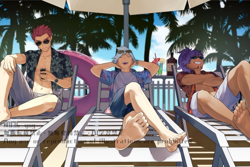 3boys alternate_costume arms_behind_back barefoot bracelet chair closed_eyes cloud commentary_request crossed_arms cup day eyewear_on_head eyewear_on_headwear facial_hair feet flower grey_shorts grin holding innertube jewelry leon_(pokemon) lounge_chair lying male_focus multiple_boys nintendo on_back open_mouth outdoors pokemon pokemon_hgss pokemon_oras pokemon_swsh purple_hair red_hair shirt short_hair shorts sky smile soles steven_stone sunglasses swim_ring teeth toes tree undershirt upper_teeth_only watch wristwatch y_(036_yng)