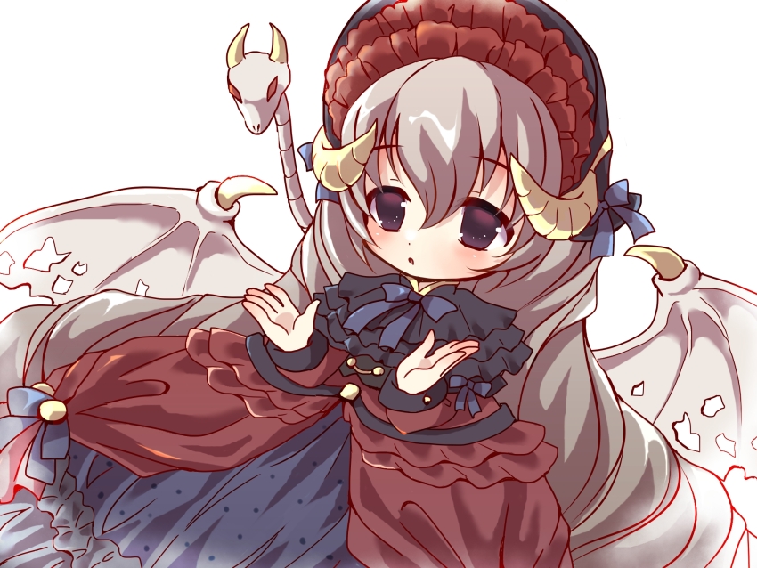 black_capelet black_eyes capelet demon_girl demon_horns demon_wings dress drill_hair emil_chronicle_online frilled_capelet frilled_hat frills grey_hair hat highres horns kurosaki_yomi lucifero_lore red_dress white_background white_wings wings