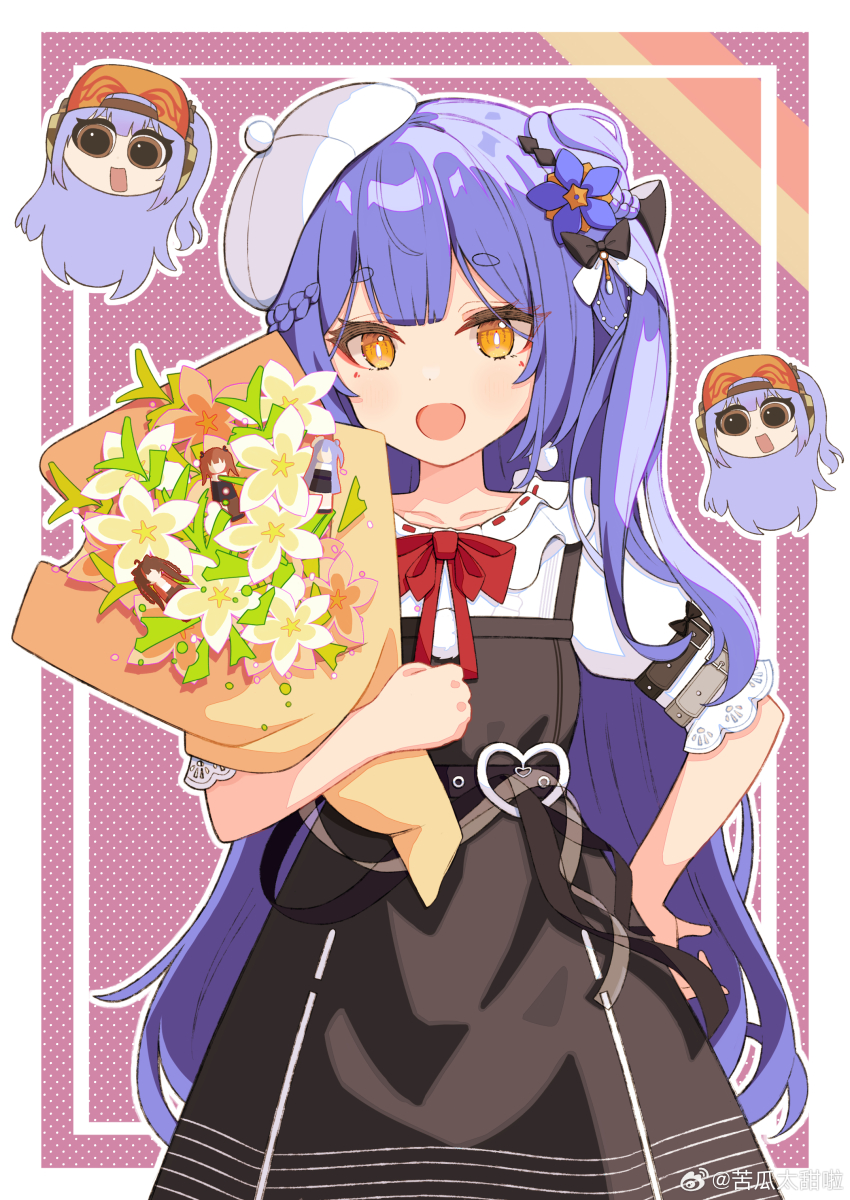 1girl absurdres azusa_(vtuber) virtuareal_link beret black_dress black_ribbon blue_hair border bouquet braid dress flower hair_flower hair_ornament hair_ribbon hand_on_own_hip hat highres holding holding_bouquet kero_(vtuber) kigua_tai_tian_la long_hair looking_at_viewer nanami_(virtuareal) nijisanji official_alternate_costume open_mouth outside_border pinafore_dress red_ribbon ribbon sleeveless sleeveless_dress solo thick_eyebrows virtual_youtuber virtuareal white_border white_dress white_flower white_ribbon yellow_eyes