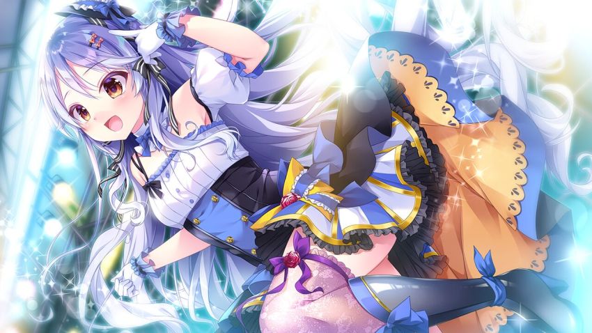 1girl :d blue_bow blue_bowtie blush boots bow bowtie detached_collar floating_hair frilled_skirt frills game_cg gloves hair_between_eyes hair_bow hat hat_bow high-waist_skirt hoshi_no_otome_to_rikka_no_shimai idol index_finger_raised knee_boots lens_flare long_hair multicolored_skirt mutou_kurihito nanotaro off-shoulder_shirt off_shoulder open_mouth orange_bow orange_eyes purple_bow purple_hair shirt short_sleeves skirt smile solo sparkle spotlight stage thighhighs very_long_hair white_gloves white_shirt yamabuki_alice