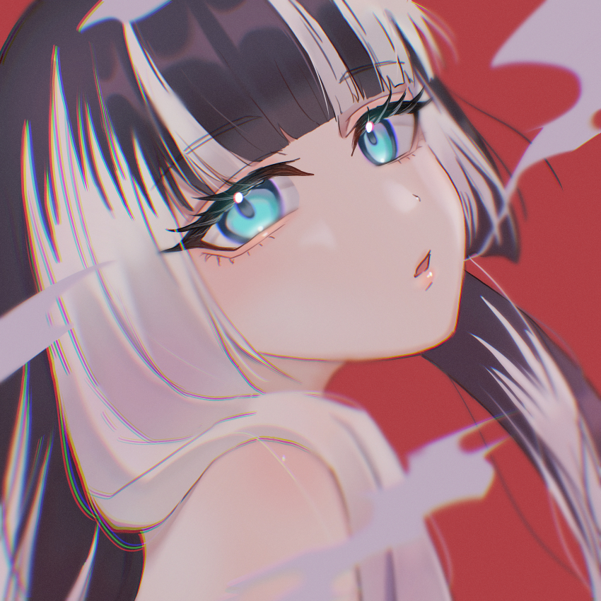 1girl bare_shoulders black_hair blue_eyes blunt_bangs highres hololive juufuutei_raden long_hair multicolored_hair omegayukichi parted_lips red_background shaft_look simple_background smoke solo virtual_youtuber white_hair