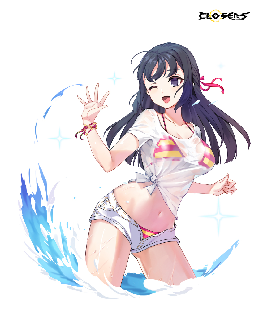 1girl ;d alternate_hair_color bikini bikini_under_clothes bikini_under_shorts black_hair breasts closers copyright_name cowboy_shot hair_ribbon hands_up highres large_breasts levia_(closers) logo long_hair looking_to_the_side multicolored_bikini multicolored_ribbon navel no_pupils official_art one_eye_closed open_mouth purple_eyes red_bikini red_ribbon ribbon see-through_clothes see-through_shirt shirt short_shorts short_sleeves shorts smile solo sparkle splashing stomach string_bikini striped_bikini striped_clothes swimsuit t-shirt tied_shirt variant_set wading water wet wet_clothes wet_shirt white_background white_shirt white_shorts wrist_ribbon yellow_bikini yellow_ribbon
