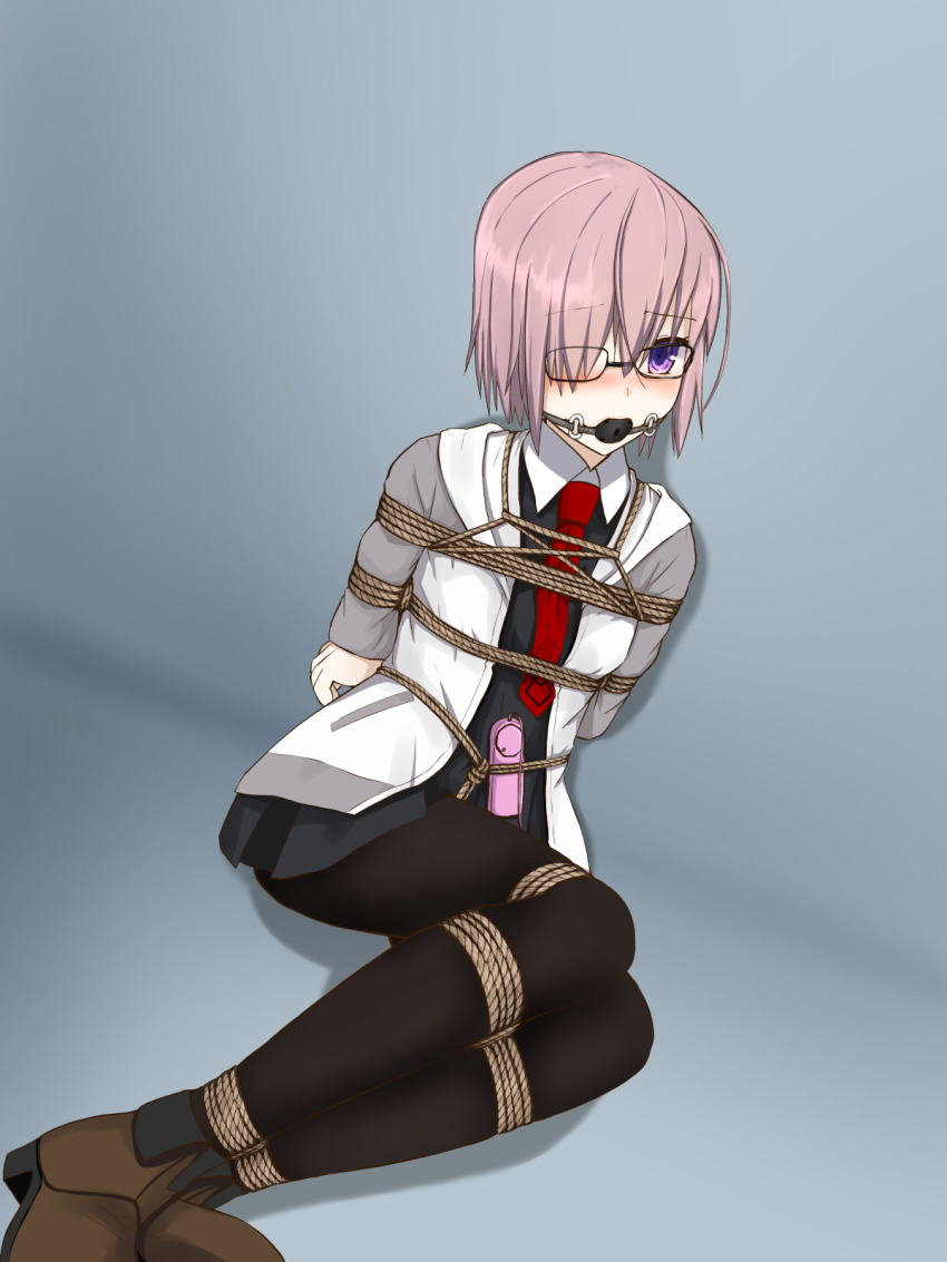arms_behind_back ball_gag bdsm bondage boots bound crotch_rope fate/grand_order fate_(series) femuto forced_orgasm gag gagged glasses hair_over_one_eye highres legs_together looking_at_viewer mash_kyrielight necktie open_clothes open_vest pantyhose pink_hair purple_eyes remote_control_vibrator sex_toy short_hair vest vibrator