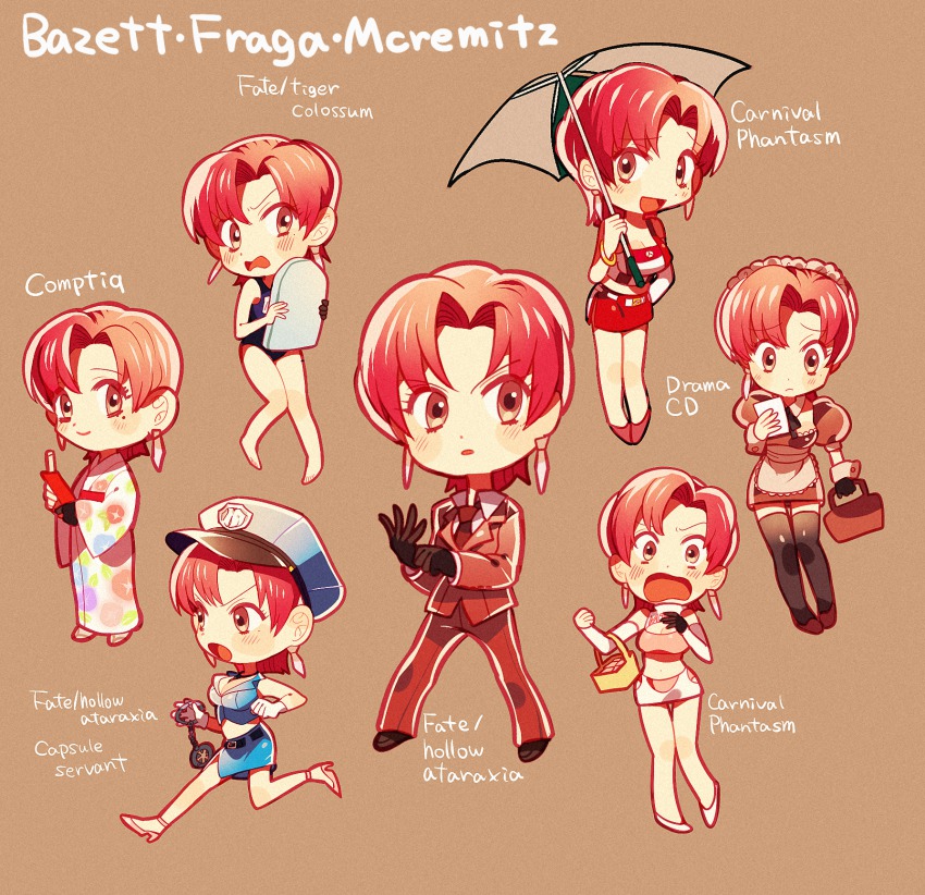 6+girls bad_id bad_pixiv_id bazett_fraga_mcremitz carnival_phantasm casual chibi fate/hollow_ataraxia fate/tiger_colosseum fate_(series) formal_clothes highres maid multiple_girls multiple_persona naoko_(juvenile) one-piece_swimsuit pant_suit pants parasol police police_uniform policewoman purple_hair red_hair suit swimsuit thighhighs umbrella variations