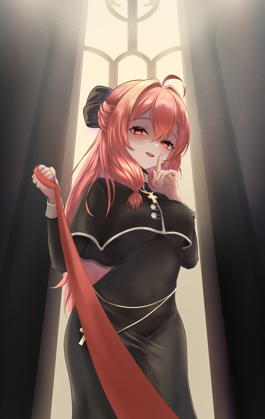 1girl absurdres ahoge black_capelet black_ribbon black_robe breasts brown_dust_(series) brown_dust_2 capelet church cross cross_necklace evil_smile finger_to_mouth hair_between_eyes highres holding holding_leash jewelry leash liberta_(brown_dust_2) liberta_(dark_saintess)_(brown_dust_2) long_hair looking_at_viewer necklace open_mouth orange_hair partially_shaded_face pet_play pov ribbon robe shushing smile solo underboob viewer_on_leash yandere zaga