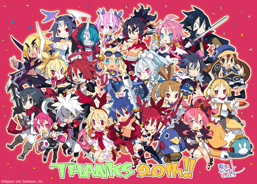 2023 6+boys 6+girls adell_(disgaea) almaz_von_almadine_adamant animal_ears anniversary black_hair blonde_hair bright_pupils colored_skin crown disgaea elder_spear etna_(disgaea) everyone flonne flonne_(fallen_angel) fur-trimmed_jacket fur-trimmed_sleeves fur_trim glasses green_hair grey_hair harada_takehito highres horns jacket kazamatsuri_fuuka killia_(disgaea) laharl long_hair looking_at_viewer makai_senki_disgaea makai_senki_disgaea_2 makai_senki_disgaea_3 makai_senki_disgaea_4 makai_senki_disgaea_5 makai_senki_disgaea_6 makai_senki_disgaea_7 mini_crown monster multiple_boys multiple_girls open_mouth pink_hair pointy_ears ponytail prinny purple_eyes rabbit_earmuffs rabbit_ears raspberyl red_eyes red_hair red_skin rozalin seraphina_(disgaea) short_hair simple_background single_horn smile spiked_hair topless_male usalia_(disgaea) white_hair yellow_eyes yellow_jacket