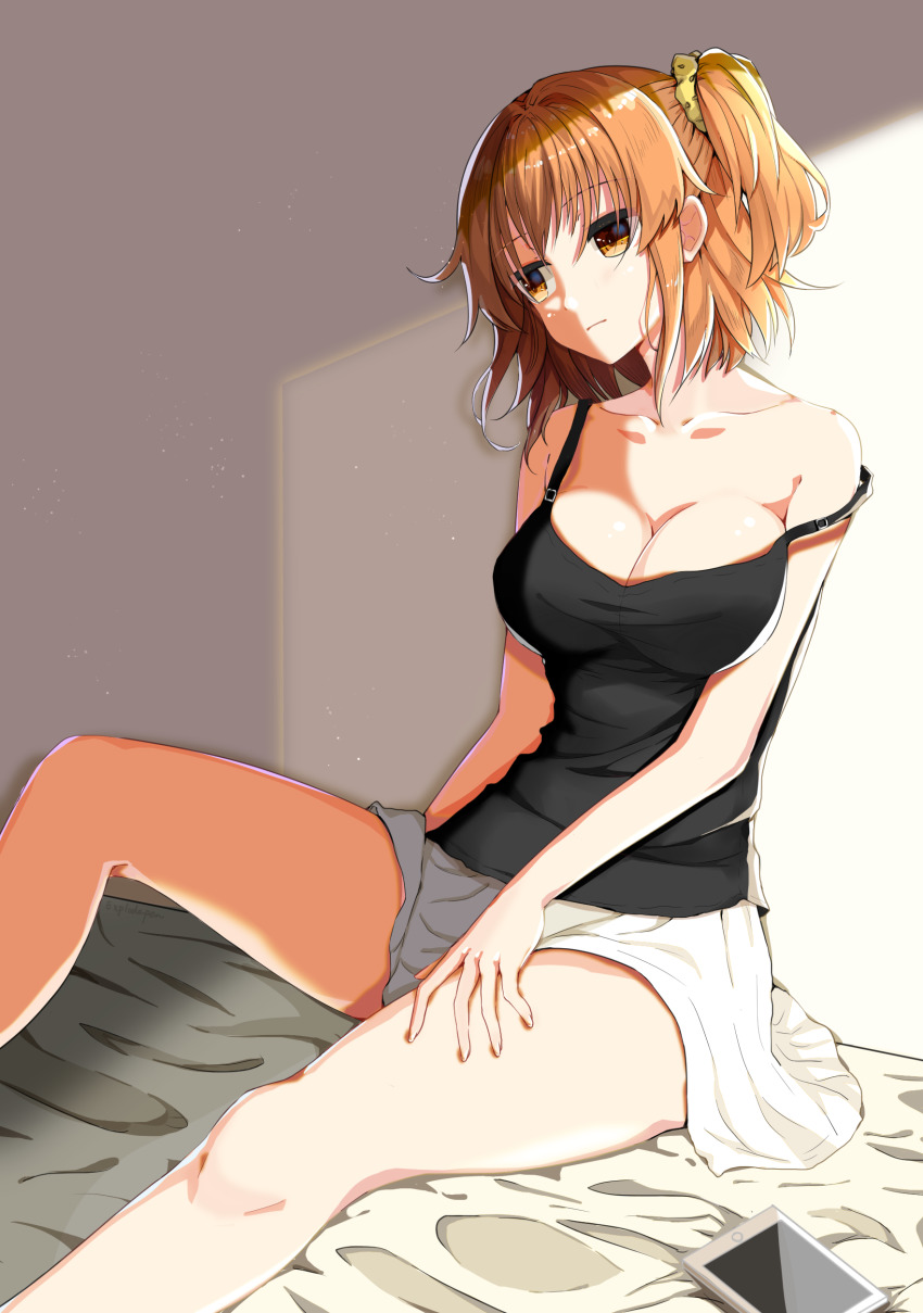 1girl absurdres baozha_gangbi black_shirt breasts brown_eyes brown_hair cleavage collarbone fate/grand_order fate_(series) female_focus fujimaru_ritsuka_(female) hair_between_eyes hair_intakes hair_ornament hair_scrunchie highres indoors medium_breasts medium_hair miniskirt off_shoulder pixiv_fate/grand_order_contest_2 scrunchie shirt side_ponytail sitting skirt sleeveless sleeveless_shirt solo spaghetti_strap white_skirt yellow_scrunchie