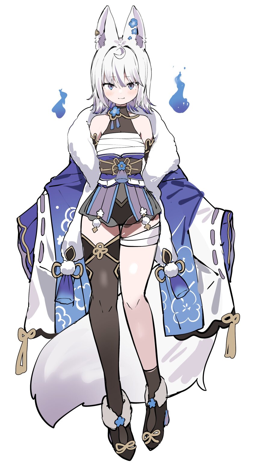 1girl absurdres animal_ear_fluff animal_ears asymmetrical_legwear bare_shoulders black_shoes black_socks black_thighhighs blue_eyes blue_flower blush closed_mouth commentary_request flower full_body fur_trim highres hitodama inuyayo long_sleeves looking_at_viewer original ribbon-trimmed_sleeves ribbon_trim sarashi shoes simple_background single_sock single_thighhigh sleeves_past_fingers sleeves_past_wrists smile socks solo standing thighhighs white_background white_hair wide_sleeves