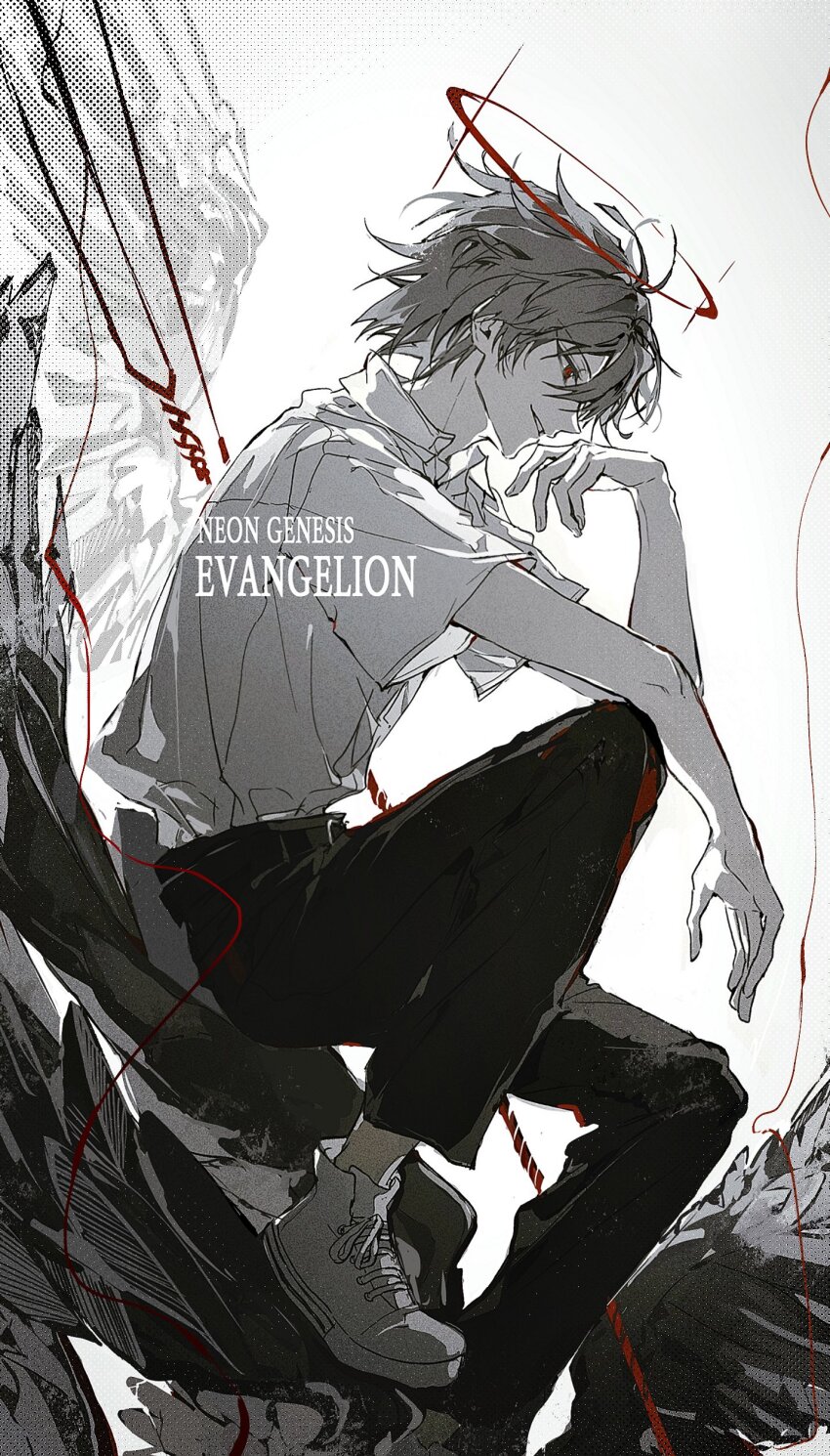 1boy absurdres adam&#039;s_apple angel_wings arm_on_knee black_pants collared_shirt commentary_request copyright_name elbow_rest evl_1230 eyelashes feathered_wings film_grain from_side grey_hair halo highres korean_commentary lance_of_longinus_(evangelion) looking_down male_focus nagisa_kaworu neon_genesis_evangelion palmar_flexion pants parted_bangs parted_lips profile red_eyes shirt shirt_tucked_in shoes short_hair short_sleeves sitting smile solo teeth white_background white_shirt white_shoes wings