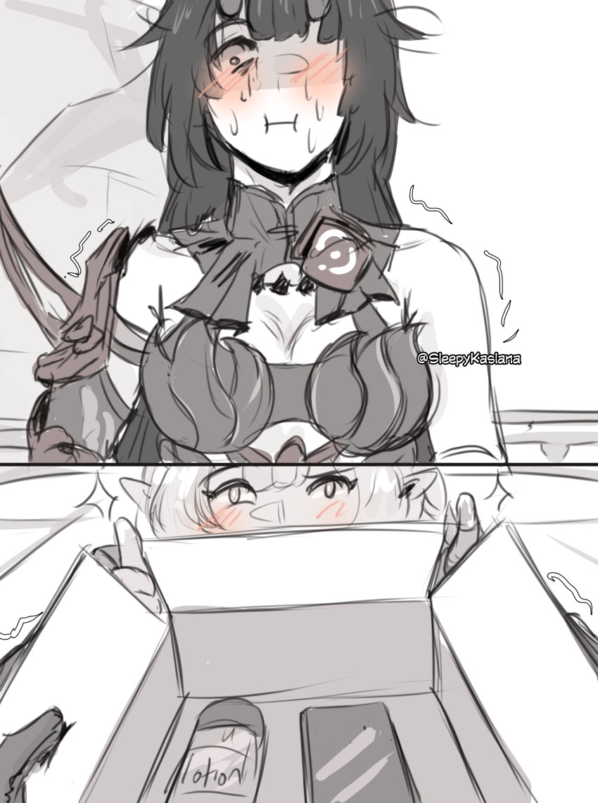 2girls absurdres artist_name birthday blush box breasts commentary elysia_(honkai_impact) elysia_(miss_pink_elf)_(honkai_impact) english_commentary highres honkai_(series) honkai_impact_3rd horns long_hair lotion_bottle multiple_girls raiden_mei raiden_mei_(herrscher_of_thunder) sleepy_kaslana sweat yuri