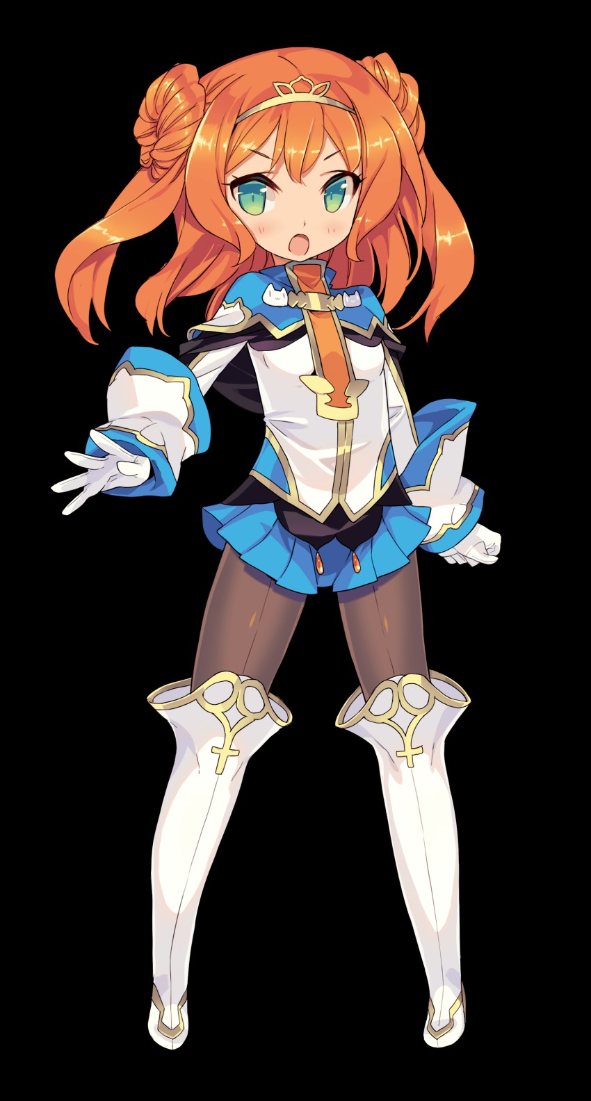 1girl :o absurdres alisa_kirsten blade_(galaxist) blush boots double_bun female_focus full_body gloves green_eyes hair_bun hairband highres long_hair long_sleeves looking_at_viewer official_art open_mouth orange_hair pantyhose pleated_skirt pop-up_story skirt sleeve_cuffs solo thigh_boots thighhighs transparent_background v-shaped_eyebrows white_boots white_gloves white_thighhighs