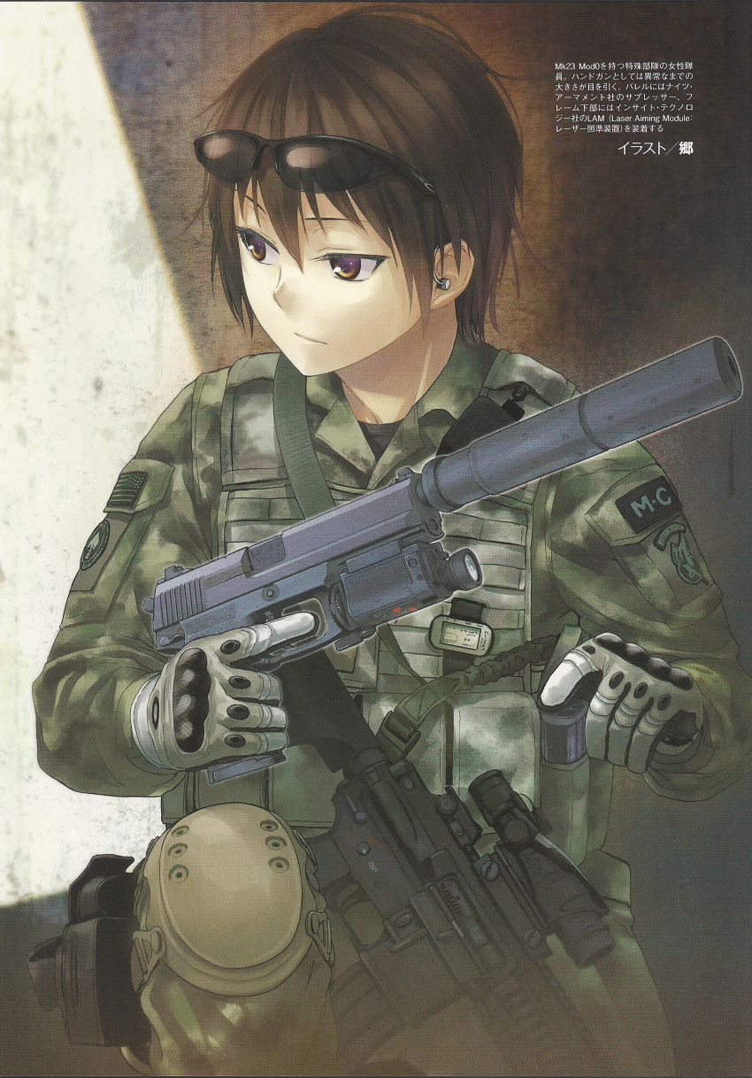 1girl absurdres acog american_flag ammunition_pouch an/peq-6 assault_rifle brown_hair camouflage collared_jacket cowboy_shot earpiece english_text female_focus flashlight gloves gou_(double_trigger) gun gun_sling h&amp;k_hk416 h&amp;k_mark_23 handgun heckler_&amp;_koch highres holding holding_magazine_(weapon) holster insight_technology jacket kac_mk23_suppressor knee_pads kneeling knight&#039;s_armament_company laser_aiming_module laser_pointer laser_sight load_bearing_vest magazine_(weapon) match_grade match_grade_firearm match_grade_pistol military military_combat_uniform military_operator military_program military_uniform mixed-language_text non-web_source offensive_handgun offensive_handgun_weapon_system_(military_program) original patch pistol pouch rifle scan scope short_hair solo sunglasses suppressor tactical_light trigger_discipline weapon
