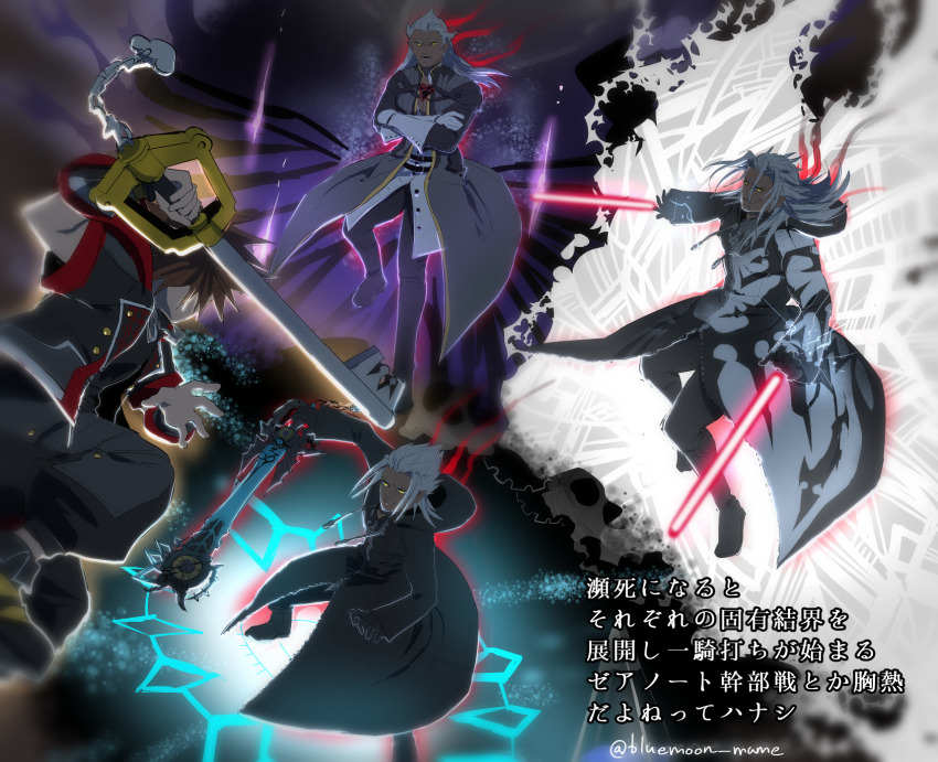 4boys ansem_seeker_of_darkness artist_name black_cloak black_footwear black_gloves black_jacket black_pants boots brown_hair chain chain_necklace cloak commentary_request crossed_arms crown_necklace energy_sword fighting_stance full-length_zipper gloves grey_cloak grin highres holding holding_weapon hood hood_down jacket jewelry kanipanman keyblade kingdom_hearts kingdom_hearts_iii kingdom_key long_hair long_sleeves looking_at_viewer medium_hair multiple_boys necklace open_clothes open_jacket open_mouth pants shoes short_sleeves smile sora_(kingdom_hearts) spiked_hair sword translation_request weapon white_cloak white_gloves white_hair xehanort xemnas yellow_eyes yellow_shoes zipper