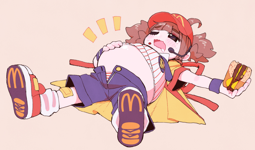 badge big_belly bloated blush brown_hair burger button_badge cheese commentary_request employee_uniform fast_food fast_food_uniform food food_bite full_stomach happi highres holding holding_burger holding_food imadake_dabuchi_tabemi inflation japanese_clothes kanashimiojisan lying mcdonald&#039;s on_back open_happi open_mouth overeating partially_unzipped patting_belly pinstripe_pattern pinstripe_shirt saliva shirt short_twintails stomach_ache tie_clip twintails velcro_footwear visor_cap weight_gain yellow_happi