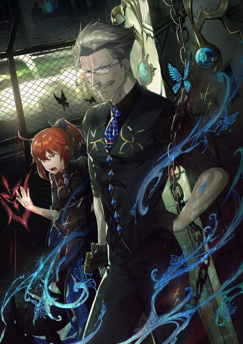 1boy 1girl absurdres ahoge alternate_costume alternate_hairstyle beard black_bow black_gloves black_pants black_ribbon blue_butterfly blue_eyes blue_necktie bow bug butterfly cocktail_shaker command_spell commentary facial_hair fate/grand_order fate_(series) feet_out_of_frame fujimaru_ritsuka_(female) glasses gloves grey_hair hair_bow hair_ribbon highres insect james_moriarty_(archer)_(fate) james_moriarty_(gray_collar)_(fate) looking_at_viewer looking_away male_focus mustache necktie official_alternate_costume old old_man open_mouth orange_eyes orange_hair pants ponytail ribbon shirt short_hair smile suzuki_rui vest wrinkled_skin