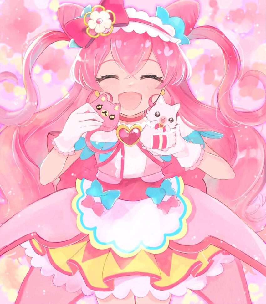 1girl :d animal-themed_food apron back_bow bow brooch closed_eyes cone_hair_bun cowboy_shot cure_precious delicious_party_precure double_bun dress earrings food frilled_hairband frills gloves hair_bow hair_bun hairband heart heart_brooch highres huge_bow jewelry kome-kome light_blush long_hair medium_dress nagomi_yui onigiri open_mouth oyomidtarumi pink_hair precure smile solo very_long_hair white_apron white_gloves