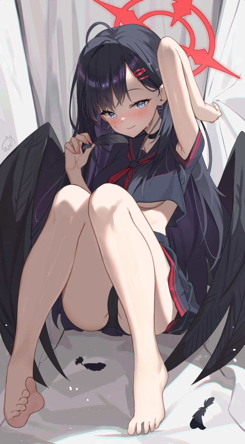 1girl absurdres barefoot black_choker black_hair black_panties black_sailor_collar black_serafuku black_skirt black_wings blue_archive blush breasts choker closed_mouth feathered_wings feathers grey_eyes hair_ornament hairclip halo highres ichika_(blue_archive) long_hair looking_at_viewer medium_breasts neckerchief panties pu_ht red_halo red_neckerchief sailor_collar school_uniform serafuku short_sleeves signature skirt solo toes underboob underwear wings