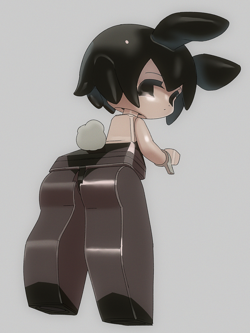 1girl animal_ears black_eyes black_hair black_leotard black_pantyhose expressionless from_behind grey_background highres lego_minifig leotard looking_at_viewer looking_back objectification original pantyhose playboy_bunny rabbit_ears rikona solo wide_hips