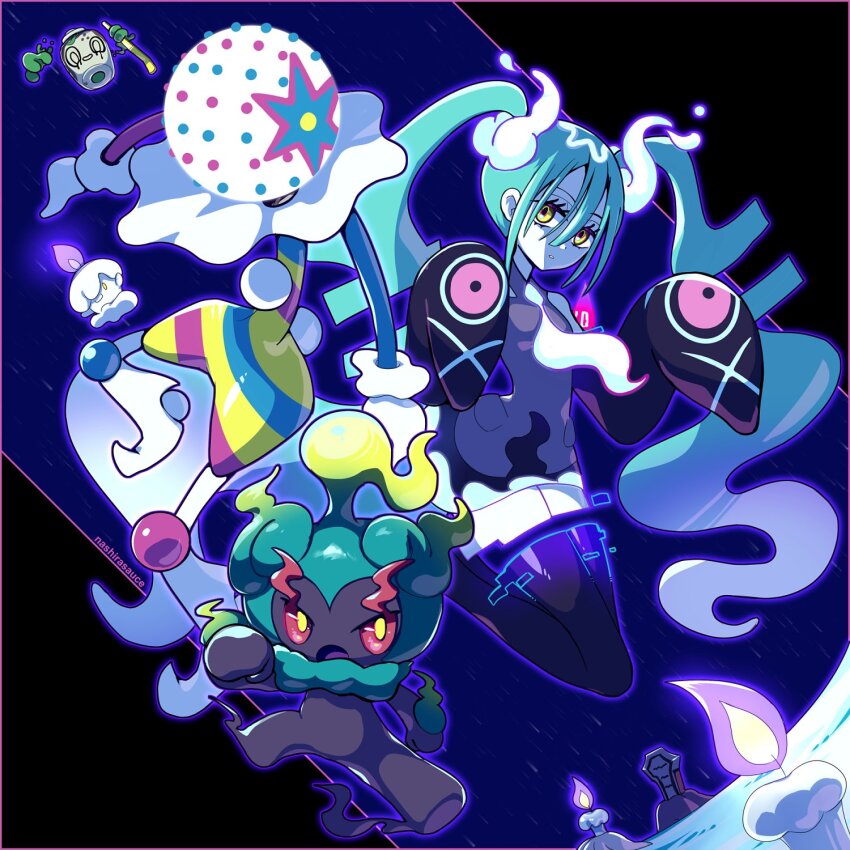 1girl aqua_hair blacephalon black_thighhighs detached_sleeves fire game_freak gen_5_pokemon gen_7_pokemon ghost ghost_miku_(project_voltage) greavard grey_shirt hatsune_miku highres houndstone legendary_pokemon litwick long_hair marshadow mythical_pokemon nashirasauce necktie nintendo pale_skin pokemon pokemon_(creature) poltchageist project_voltage shirt skirt sleeves_past_fingers sleeves_past_wrists thighhighs twintails ultra_beast very_long_hair vocaloid will-o&#039;-the-wisp_(mythology) yellow_eyes