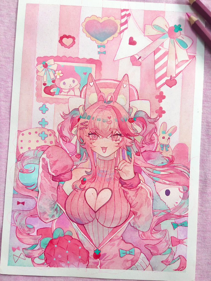 1girl animal_ears fluff fluffy food-themed_hair_ornament fox_ears fox_girl hair_ornament hands_under_legs highres indie_virtual_youtuber kireina_(osiimi) long_sleeves mong_tuong_(tao) no_hands open_mouth pink_hair puffy_long_sleeves puffy_sleeves solo strawberry_hair_ornament traditional_media turtleneck virtual_youtuber wavy_hair