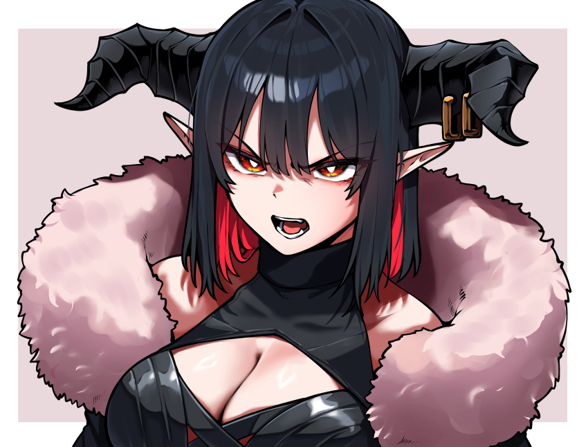 1girl angry black_hair breasts bright_pupils cleavage cleavage_cutout clothing_cutout commentary_request epeulu_(ate5424) fur_trim hair_between_eyes highres horn_earrings horns large_breasts medium_hair multicolored_hair open_mouth orange_hair original pointy_ears red_hair simple_background solo turtleneck two-tone_hair upper_body white_pupils