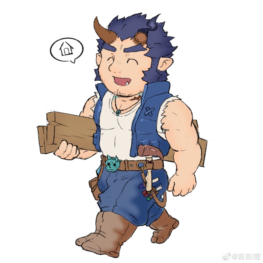 1boy ^_^ bara blue_hair broken_horn carpenter carrying carrying_under_arm closed_eyes dark_blue_hair deformed demon_boy demon_horns facial_hair fang fang_out fiery_horns hammer happy highres horns leather_belt long_sideburns male_focus mature_male me-me_(mouact2) muscular muscular_male pectoral_cleavage pectorals plank scar scar_on_neck shirt short_hair sideburns sleeveless sleeveless_shirt solo spoken_object stubble takemaru_(housamo) thick_eyebrows tokyo_houkago_summoners torn_clothes torn_shirt walking